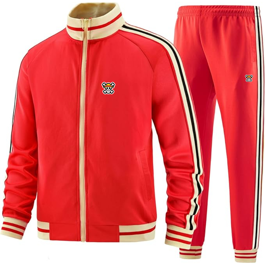 Men's Straw Hat  Tracksuit with Bold Striped Accents and Zippered Front